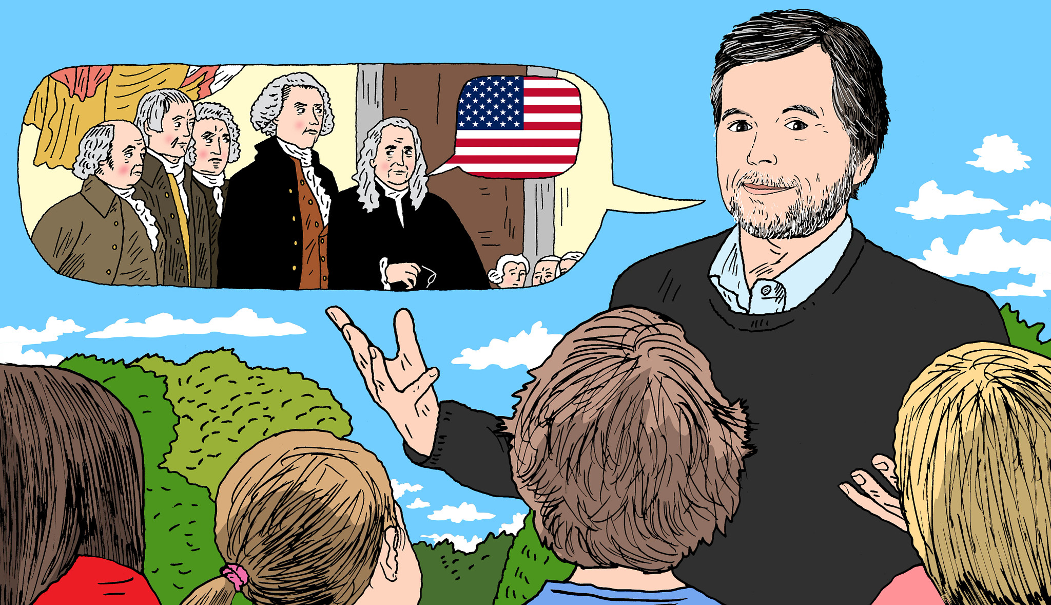 an illustration shows ken burns speaking to a group of children, with a word bubble that shows a scene from the founding of the united states