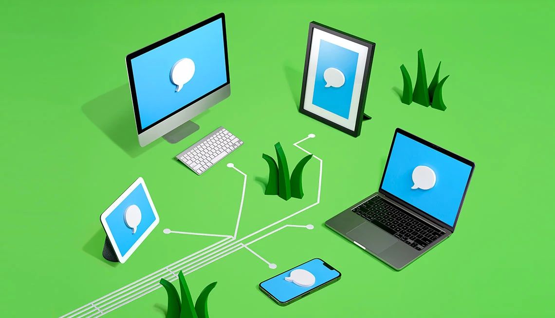 Stay Connected With Tech A graphic illustration shows a computer tablet, desktop computer, a smartphone, a laptop and a photo frame, viewed from a ¾ perspective on a green background. A grid of white lines sprouts out to connect the devices.