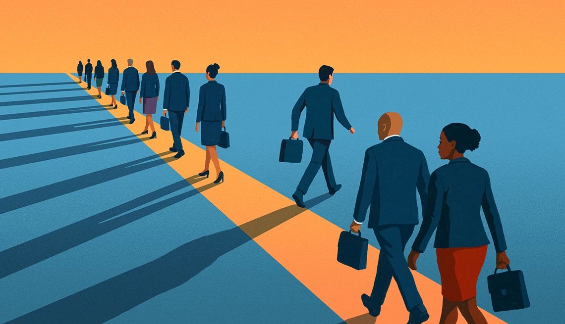 Gen X Small Business an illustration of people in business suits walking down a line and a man walking away from the line