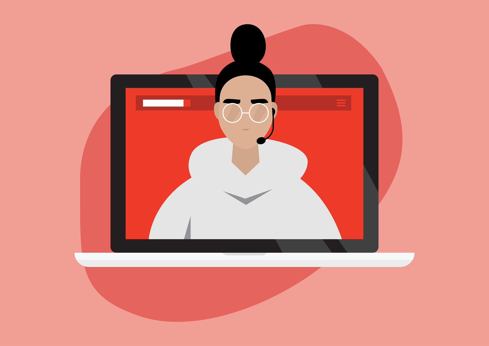 An illustration of a person with glasses and a headset appearing on a laptop screen, representing a virtual meeting or webinar.
