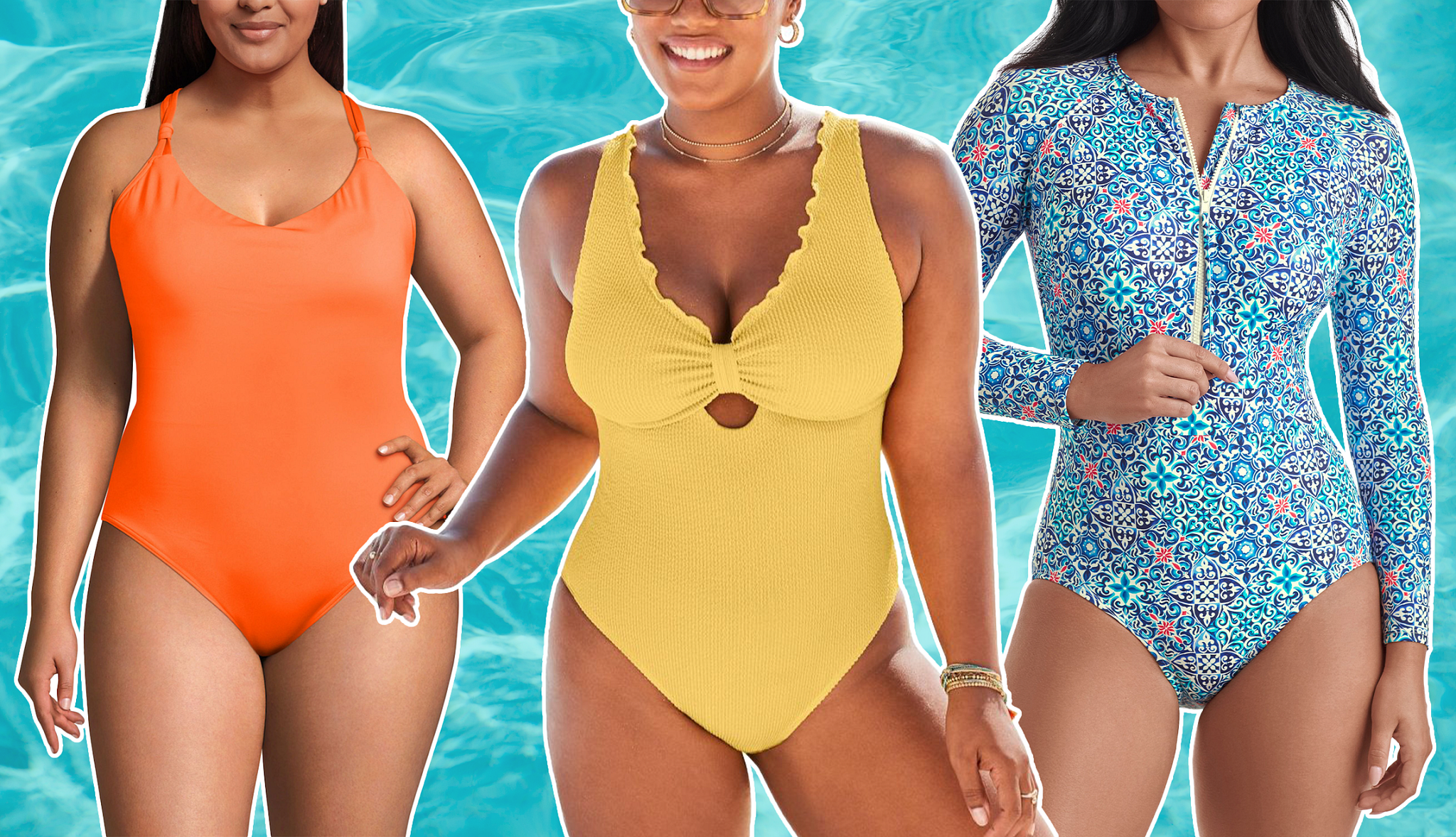 three models wearing different styles of bathing suits