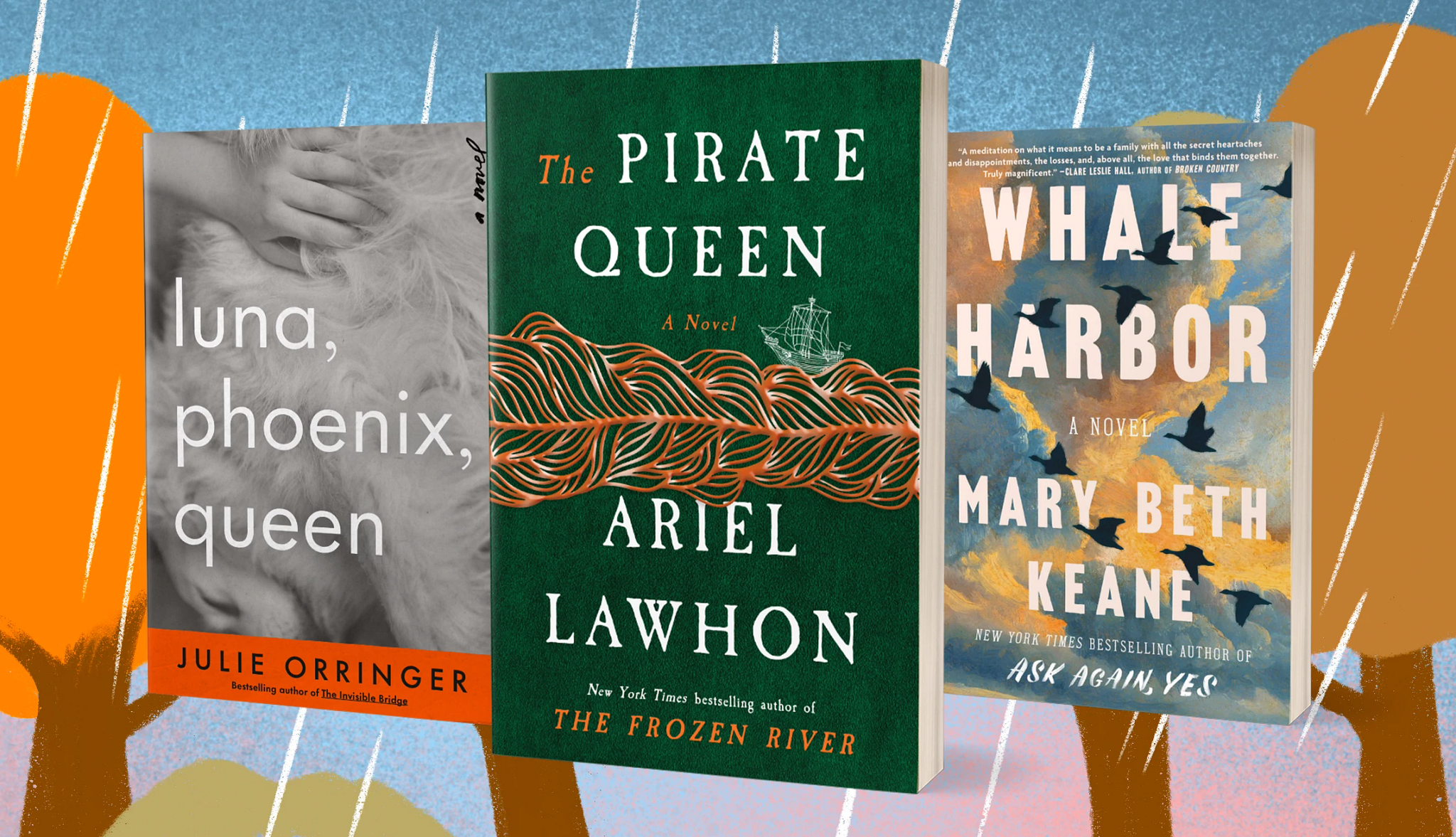 a collage with the covers of the books luna phoenix queen, the pirate queen and whale harbor