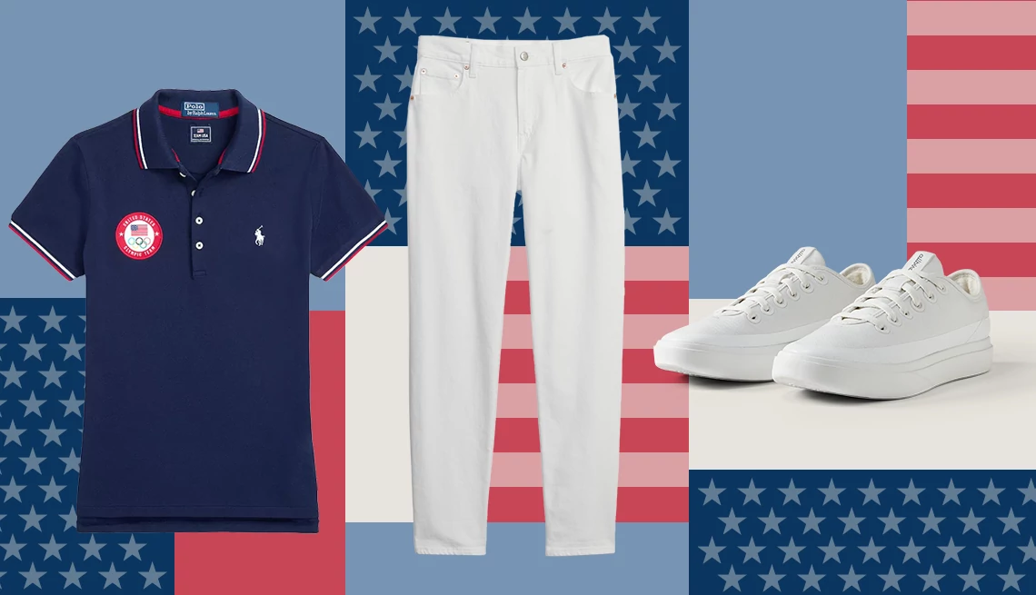 Celebrate the Olympics in style a navy blue polo, white pants and white sneakers on a red, white and blue background.