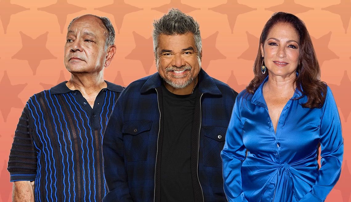 Latino legends life advice Cheech Marin, George Lopez and Gloria Estefan against peach colored background with stars on it