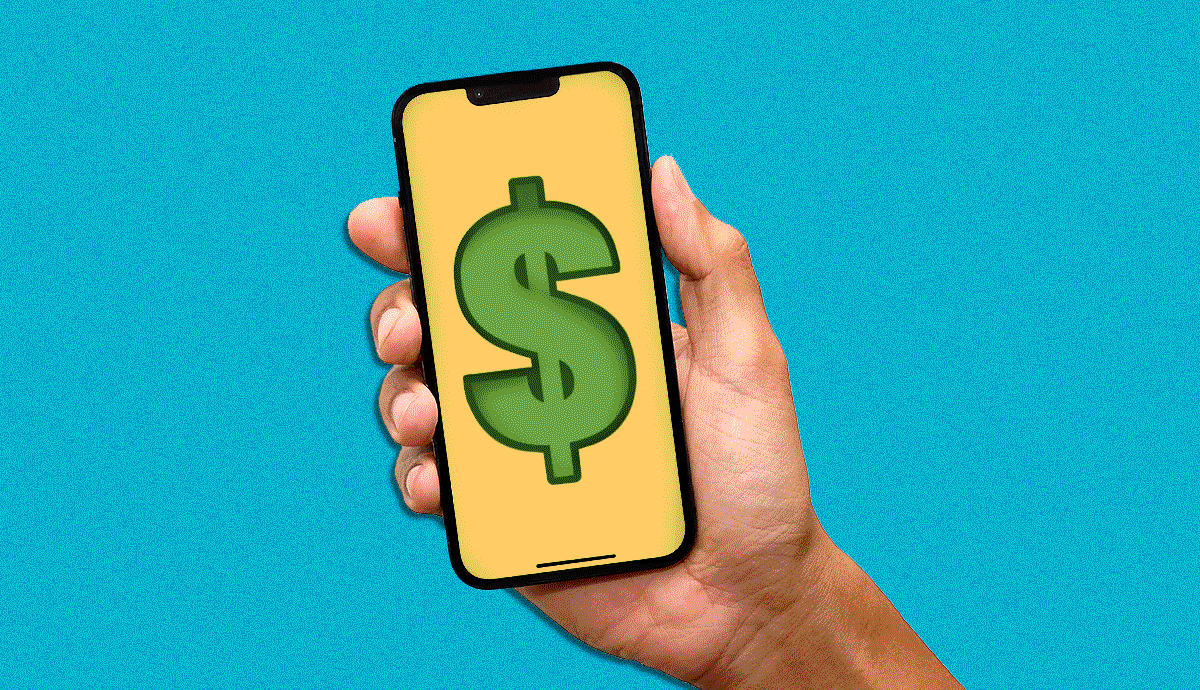 Hand holding a smartphone displaying a large dollar sign on a yellow screen.