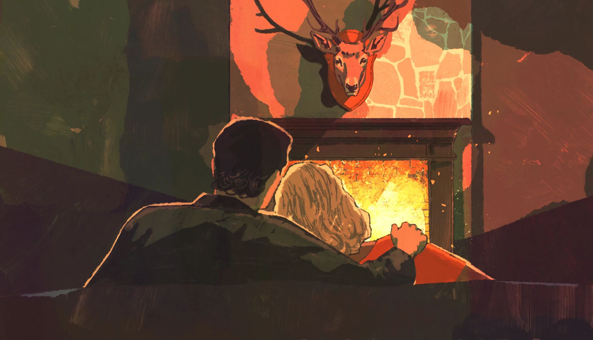 ‘The Longest Ride’ Chapters 13-15 Illustration of Luke and Sophia seen from behind, sitting on a leather couch in front of a roaring fire, his arm is over her shoulder and she is leaning against him; there is an antlered buck’s head above the fireplace