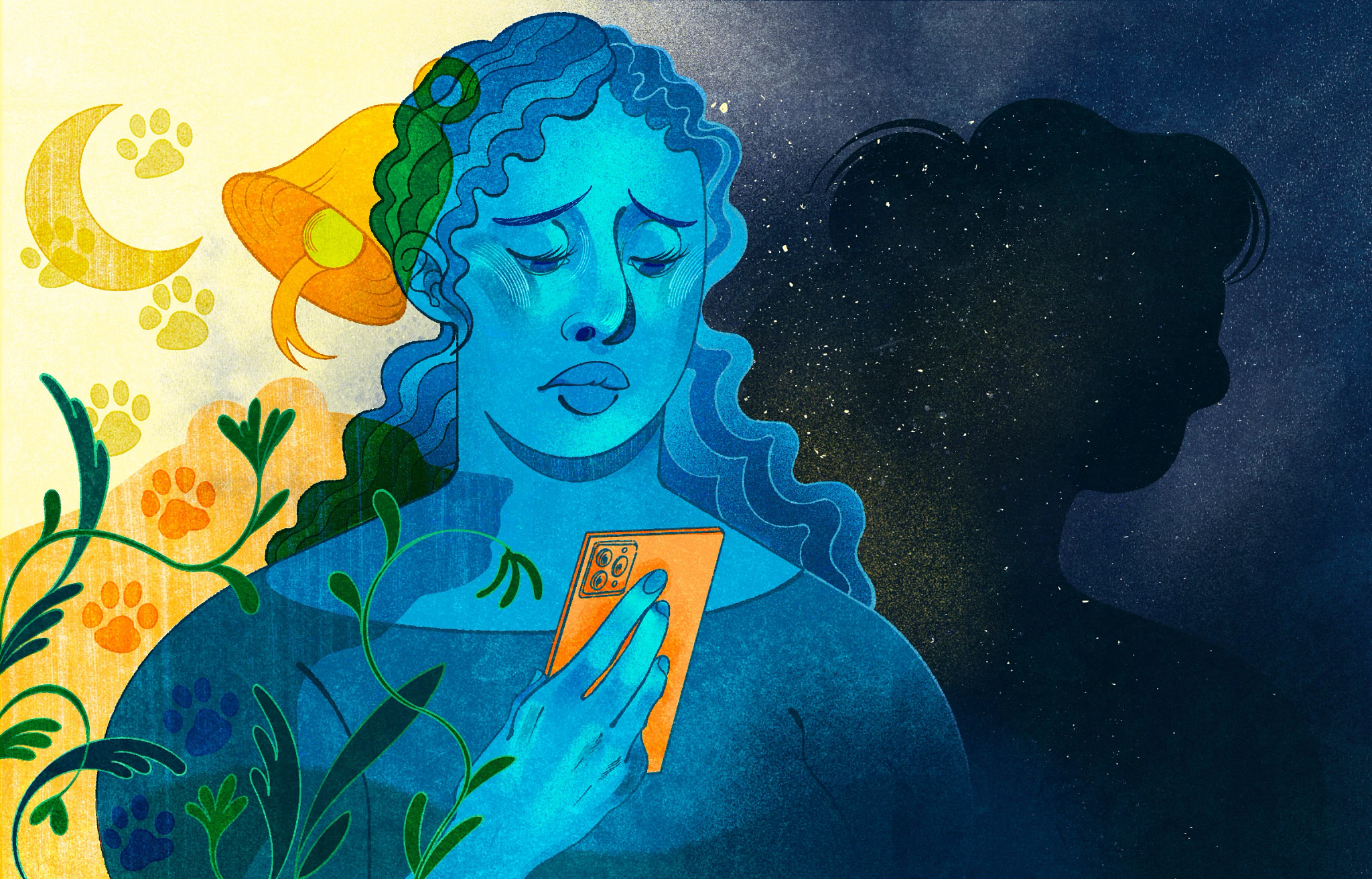 Illustration of a person holding a smartphone, positioned between a bright scene with pet paw prints, plants, a crescent moon and a pet-themed hat, and a dark shadow silhouette filled with stars