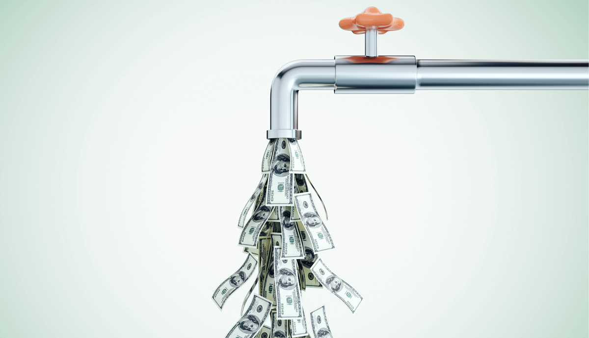 dollar bills pour out of a faucet