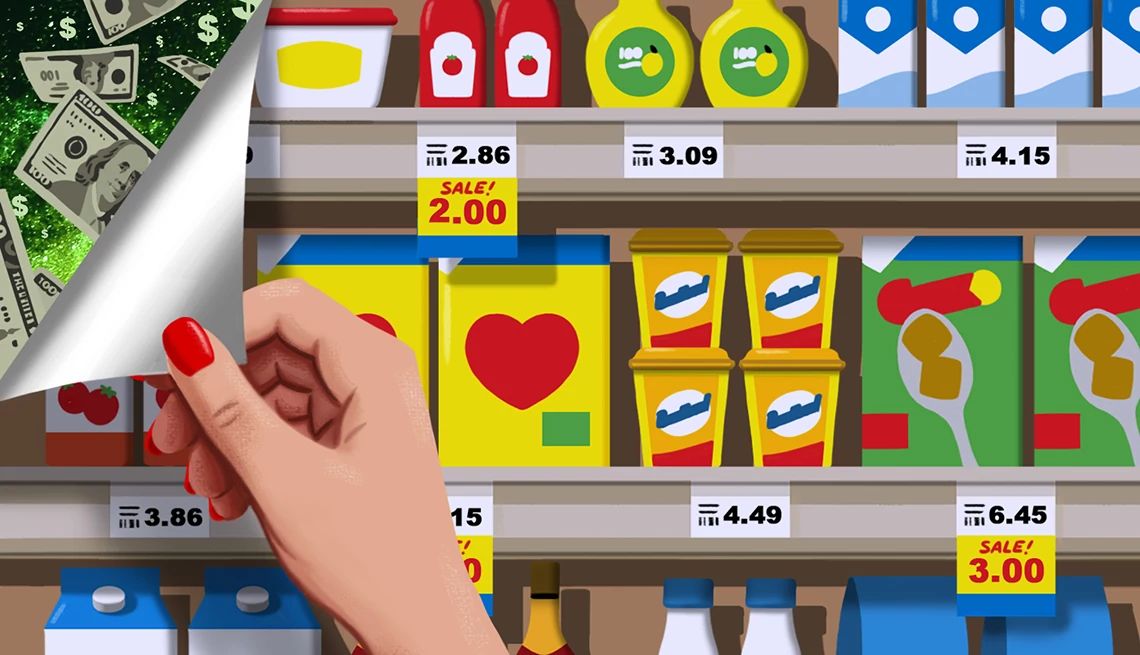 Supermarket Secrets a hand peels back the side of a grocery store shelf to reveal hundred dollar bills