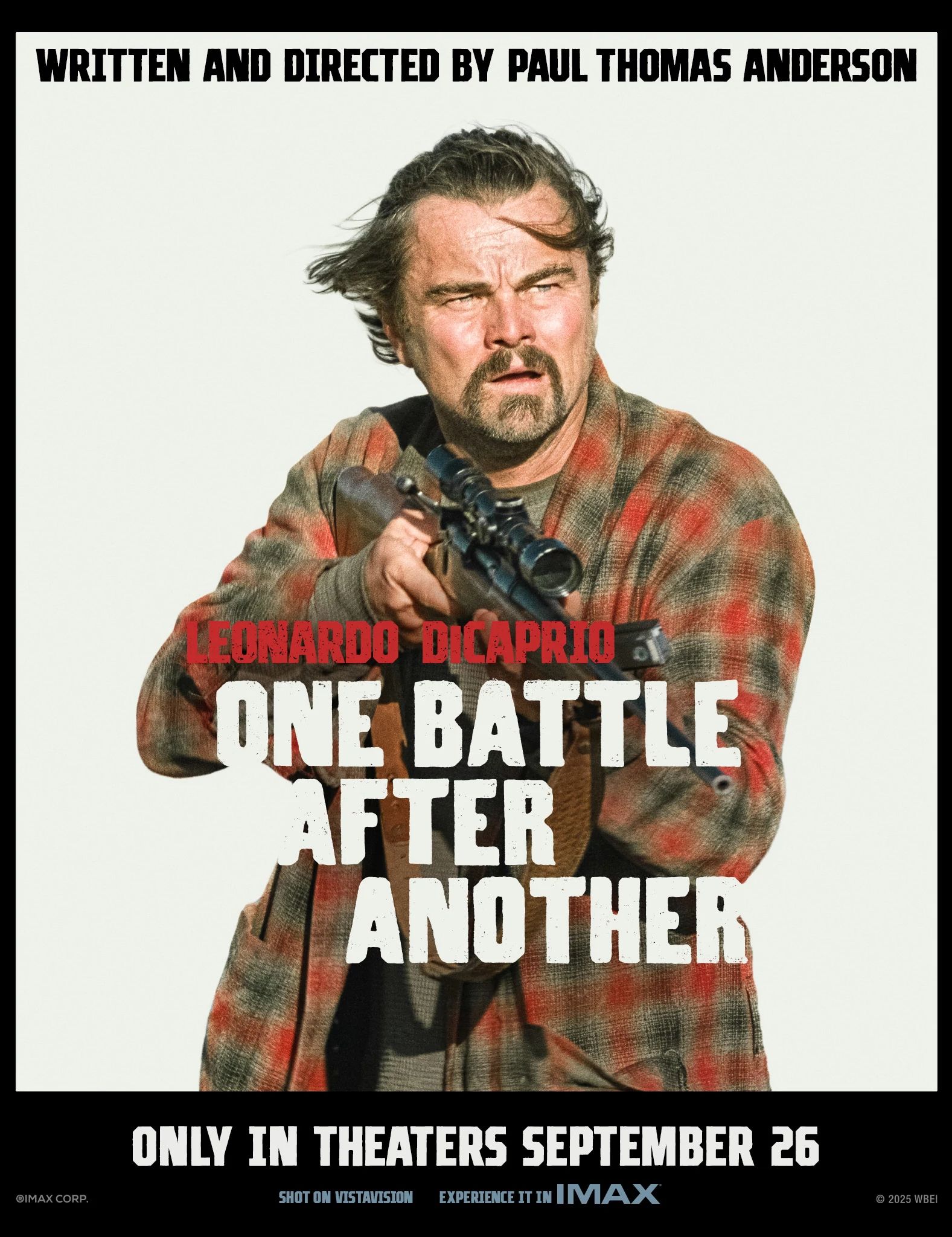 Leonardo DiCaprio Wants to Be More Authentic a promotional image for the film one battle after another, featuring a photo of leonardo dicaprio holding a rifle