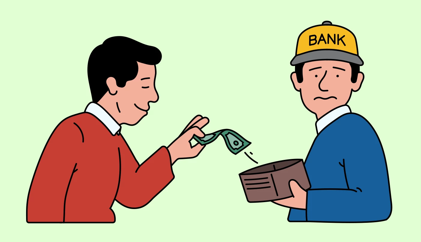 Ilustración muestra un hombre sacando dinero de la billetera de otro que viste una gorra indicando que es el banco.