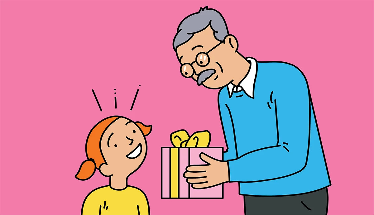 an illustration shows a granddad giving a present to the older sibling of a newborn