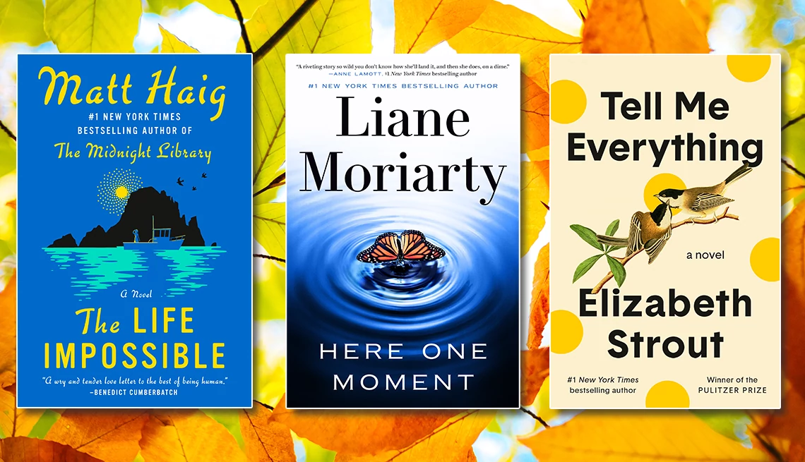 fiction novels The Life Impossible, Here One Moment and Tell Me Everything book covers