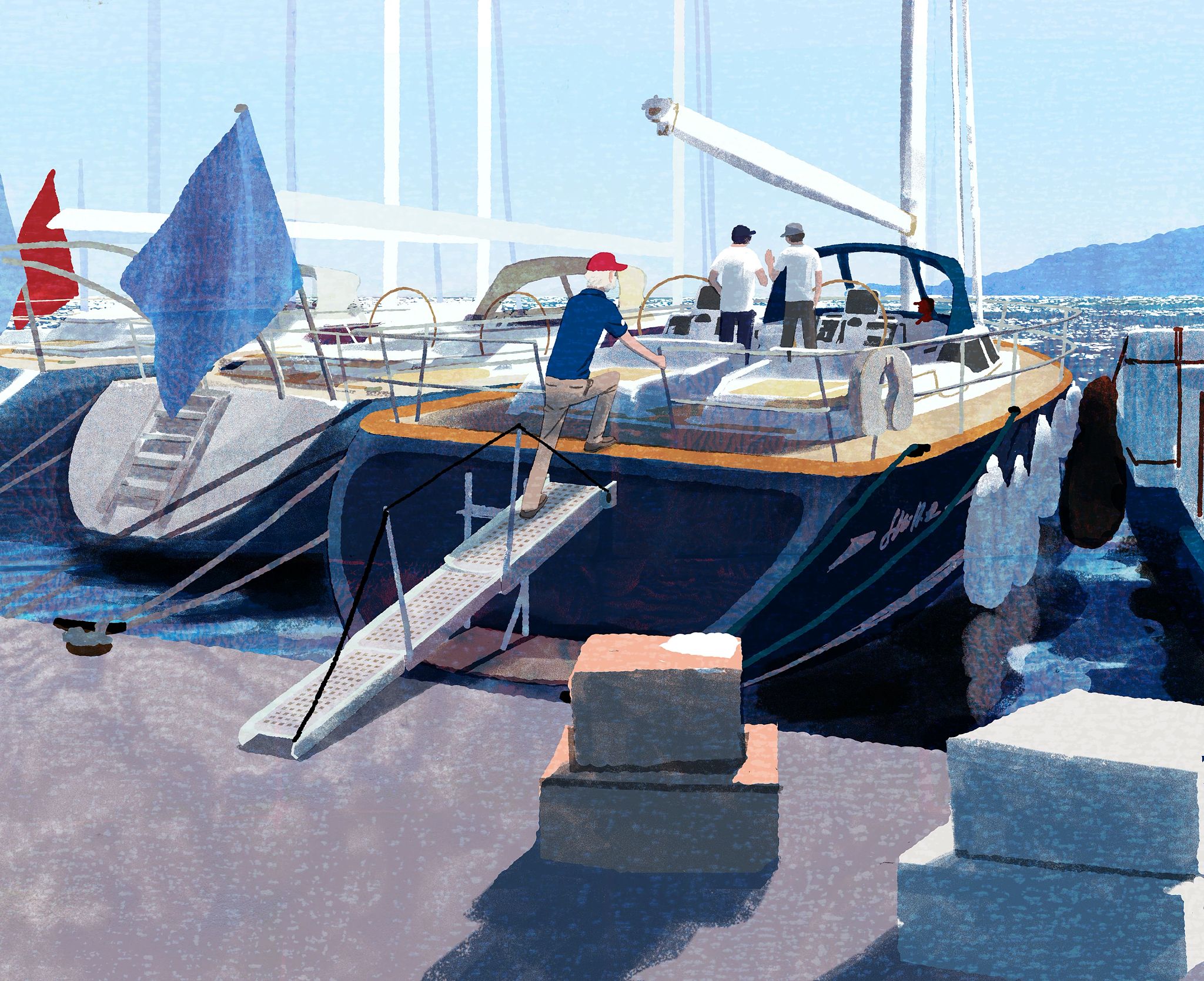 A Father-Son Trip of a Lifetime man boarding a boat at a marina