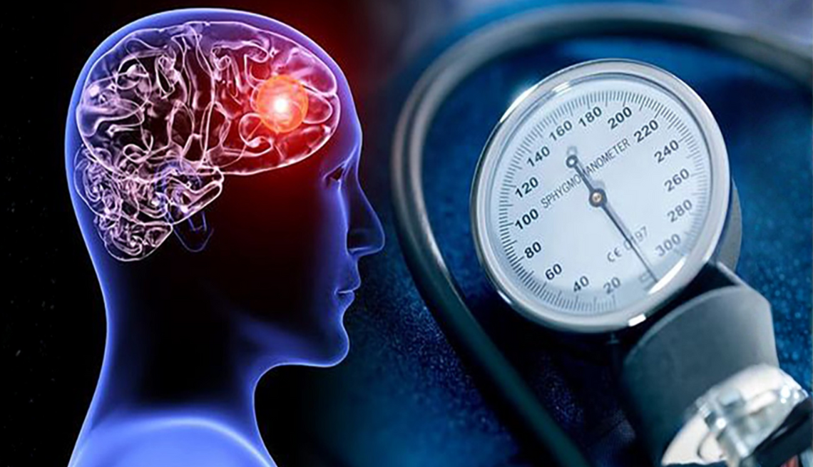 A graphic showing a brain inside a human's head and a sphygmomanometer