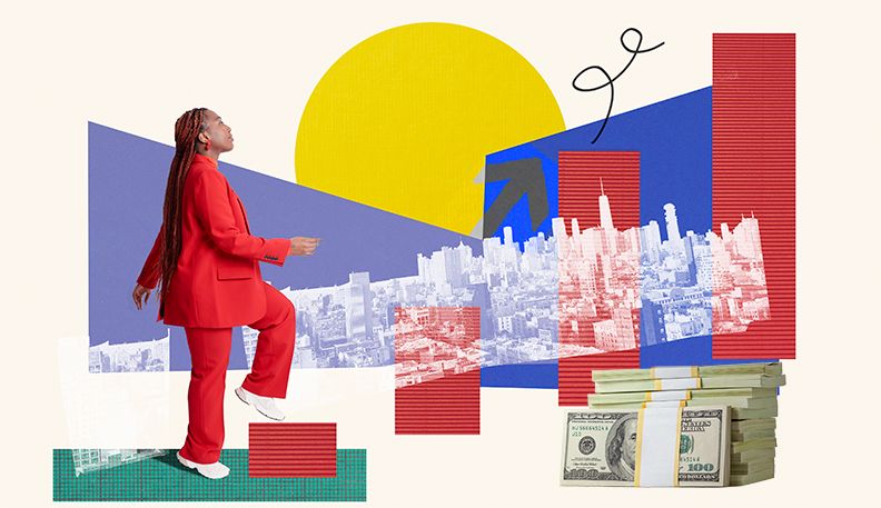 Protect Women’s Retirement Savings woman in red suit stepping up a bar graph surrounded by growth and finance symbols