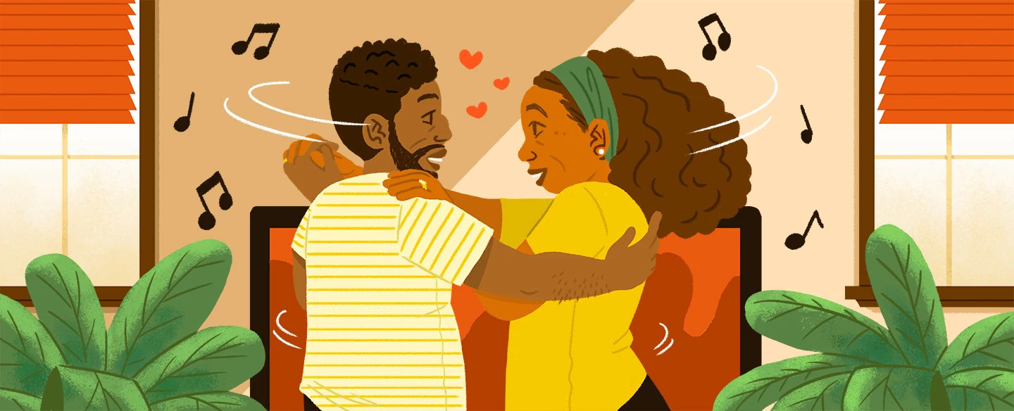 illustration of couple dancing in living room, date ideas