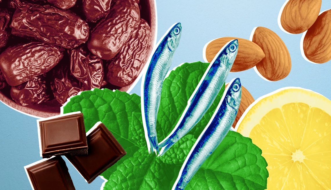Colección de imágenes de boquerones, chocolate, limón, hierbabuena, dátiles y almendras.