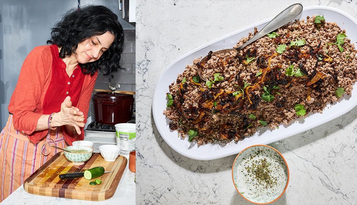 Keeping grandmother’s recipes alive Jennifer Abadi mixing ingredients in bowl on cutting board on left and M'jedrah, Syrian-Jewish Rice and Lentils, on a dish with spoon in it on right