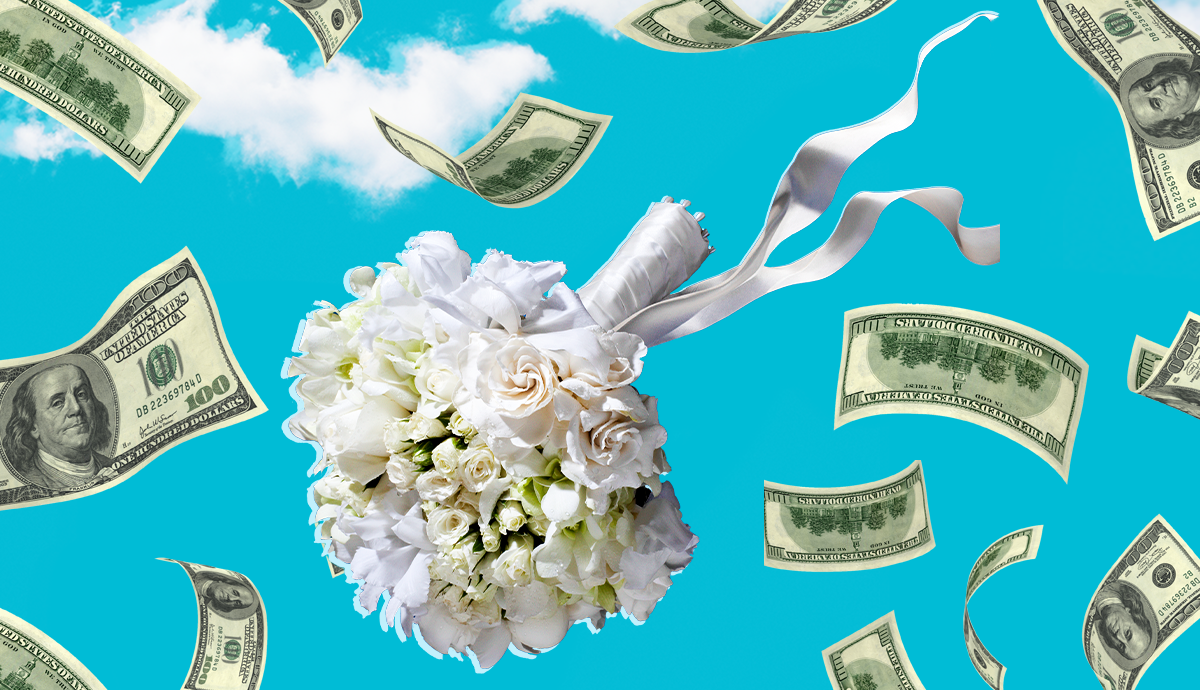 $100 bills falling from the sky as a wedding bouquet is tossed up