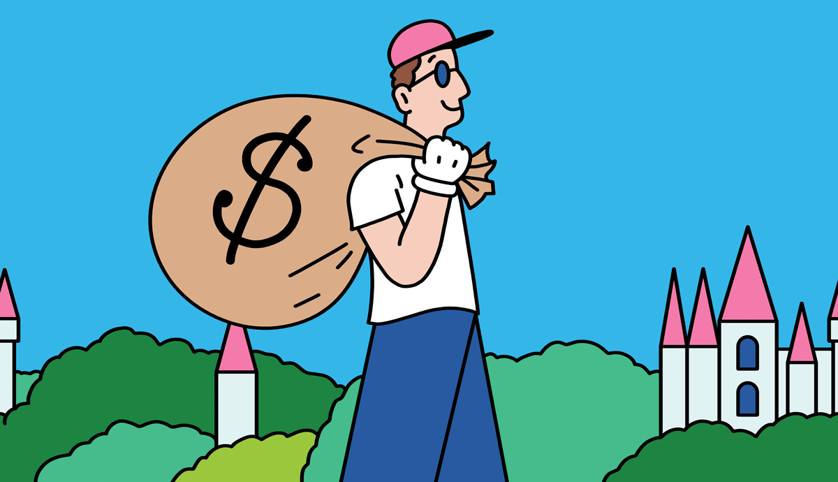 a gif of a person walking with a bag of money