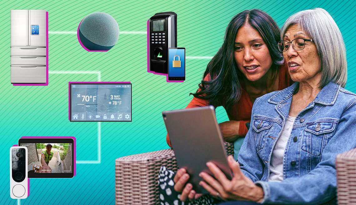 How a Smart Home Can Help You or a Loved One Age in Place Right Now two women looking at a tablet with other technology around them