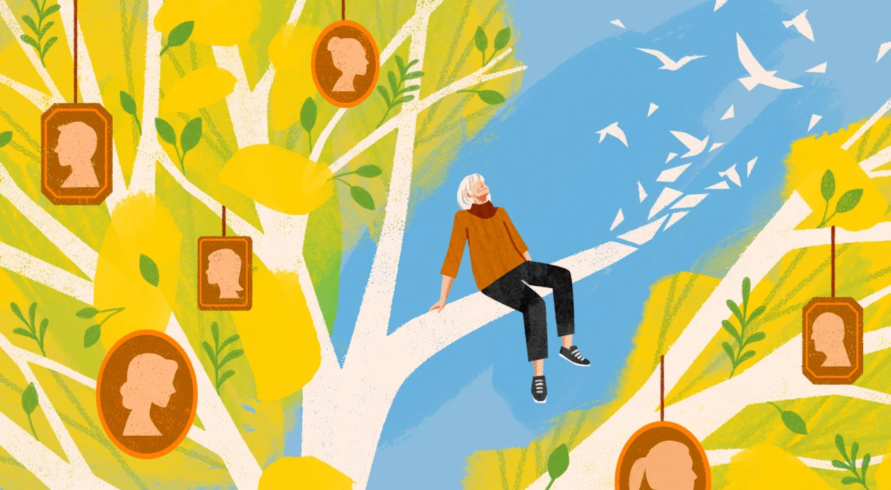 Illustration of a woman sitting on a tree branch with birds, and silhouettes of people hanging from the tree