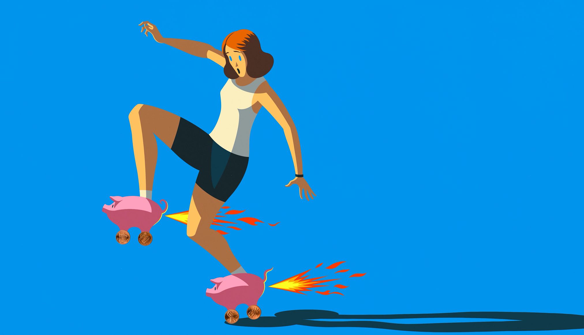 How Being Cheap Can Backfire a woman falters while roller skating on piggy bank shaped skates
