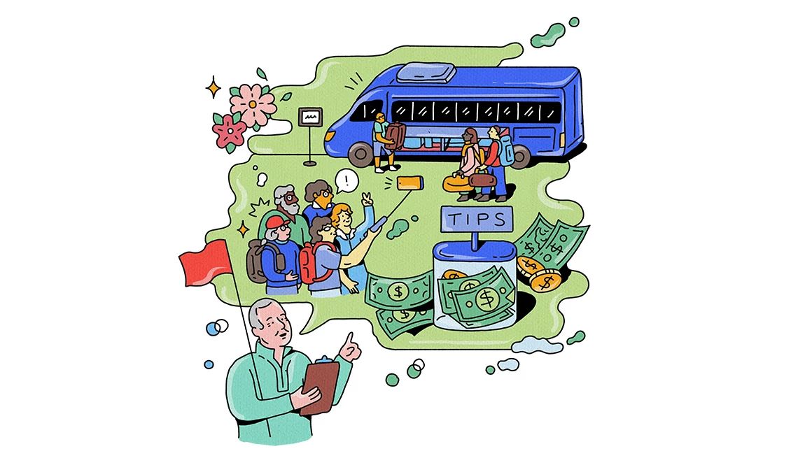 insider secrets from a tour guide illustration of a tour guide with a speech bubble showing a tour group near a bus and more