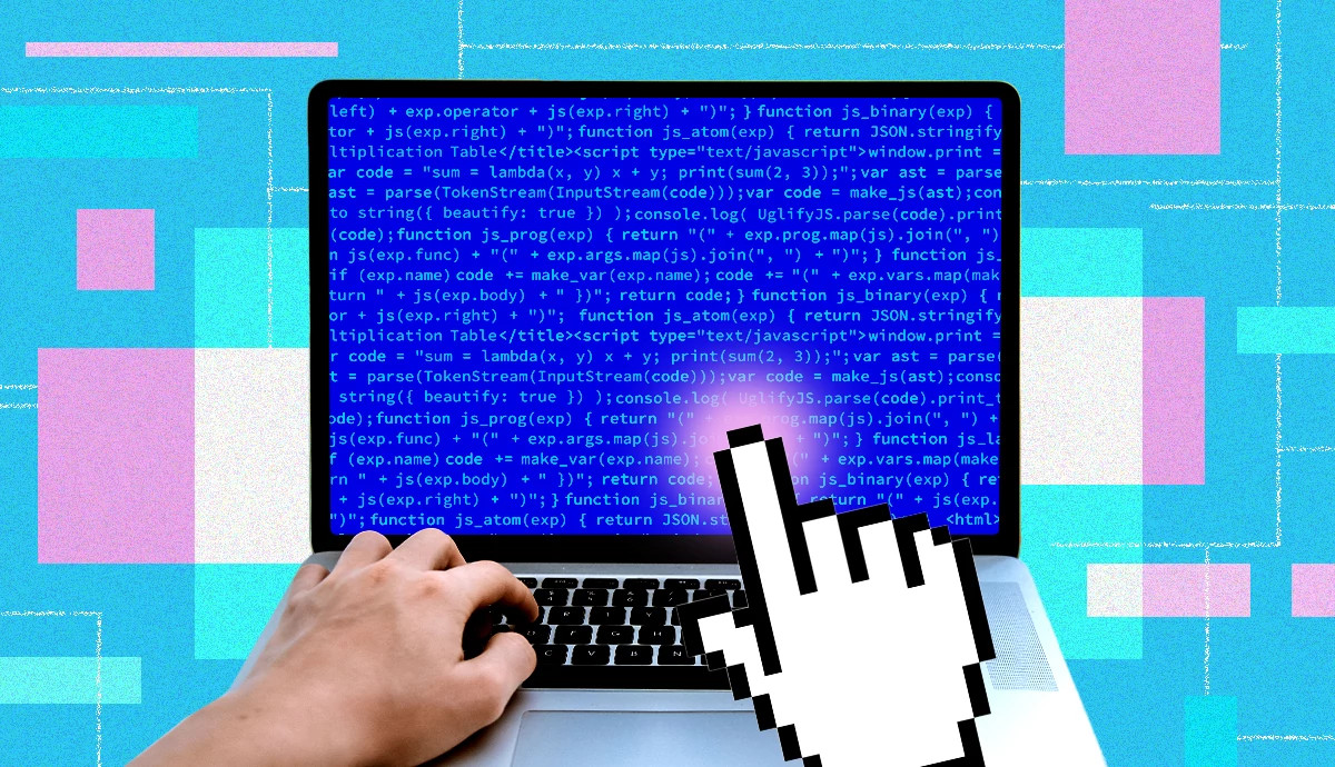 GIF showing hands working on a laptop in front of a rendering of a digitized background. The right hand is a finger symbol.