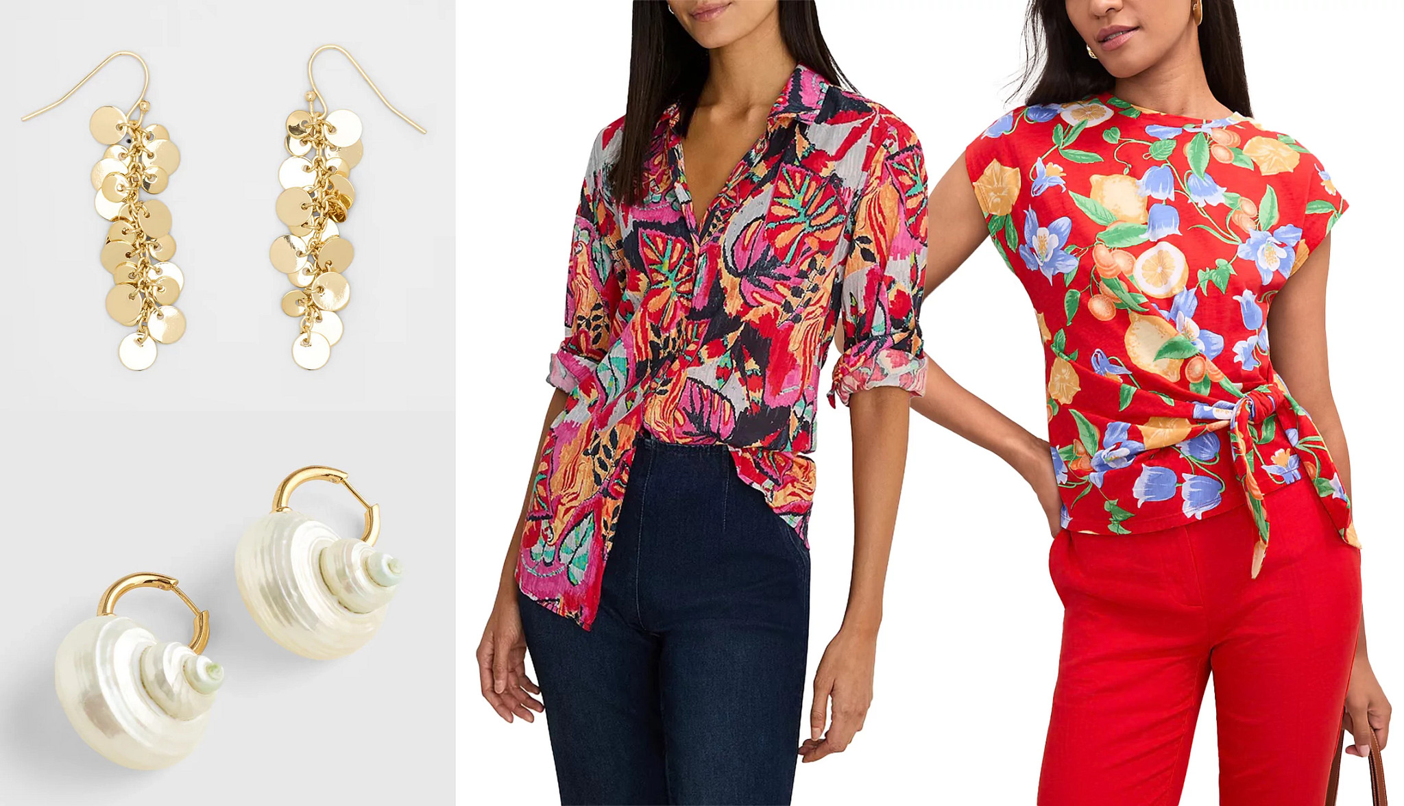 a collage with two pairs of statement earrings and two models wearing blouses with bold colors and patterns