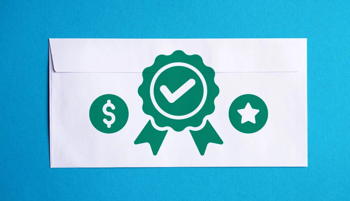 A graphic illustration of a white envelope with green stamps