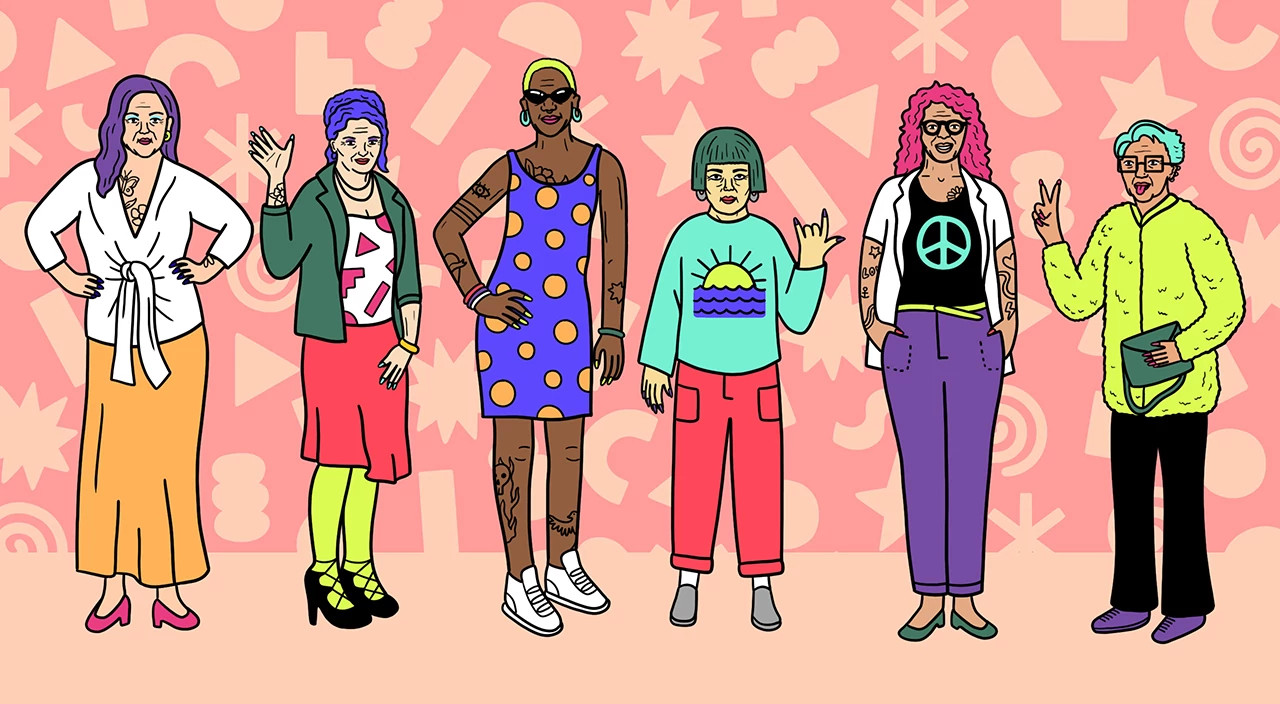 Group of women with tattoos, piercings, colorful hair, and fun fashion choices