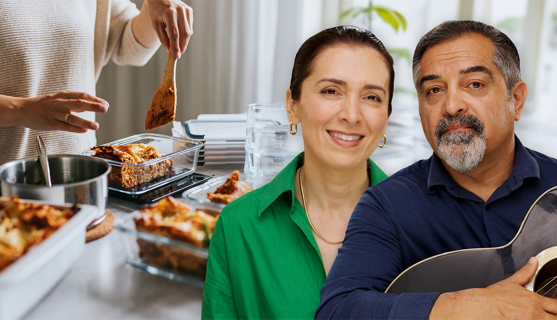 Neurologists Dean and Ayesha Sherzai of The Brain Docs in front of a background of someone cooking in a kitchen
