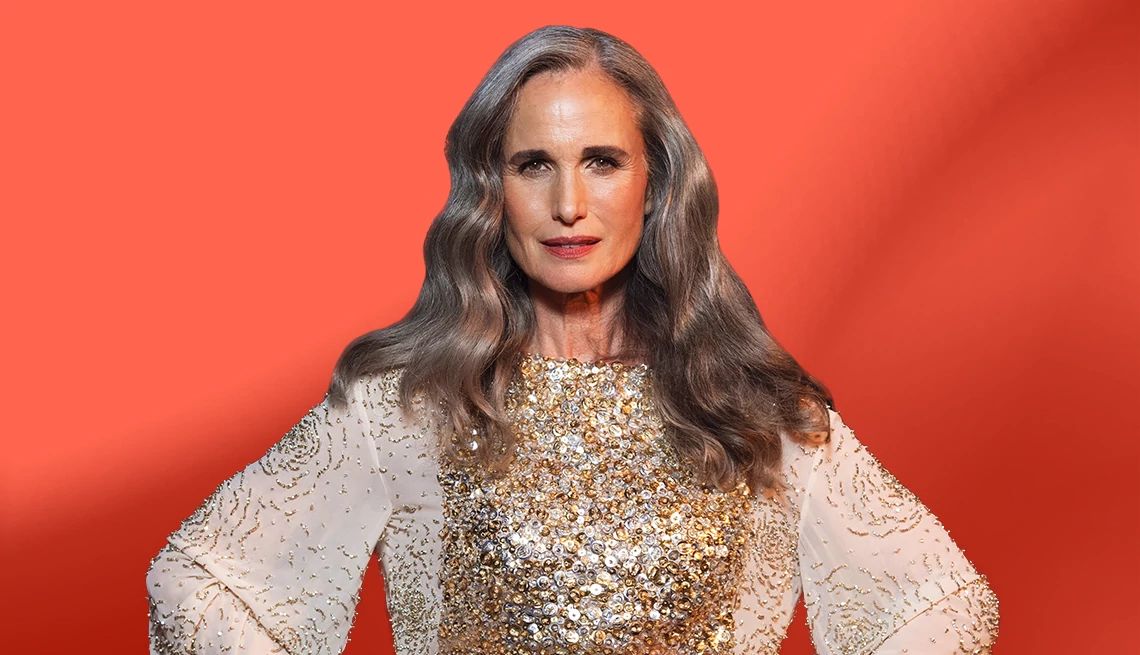 Andie MacDowell interview Andie MacDowell against orange ombre background