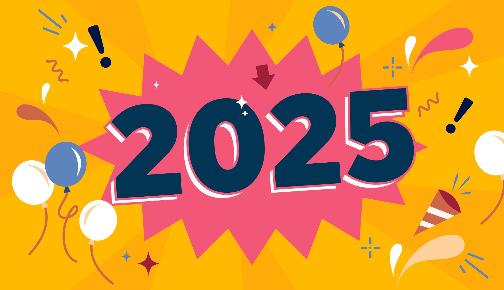 2025 on a yellow background with sparkles and balloons around it