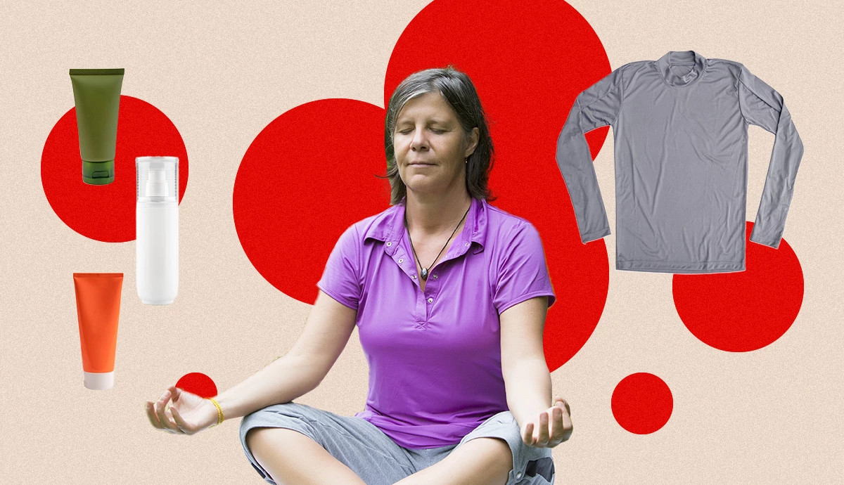 An illustration of a woman meditating cross-legged in a purple shirt, flanked by skin cream containers and a grey long-sleeve shirt on a background with abstract red circles.