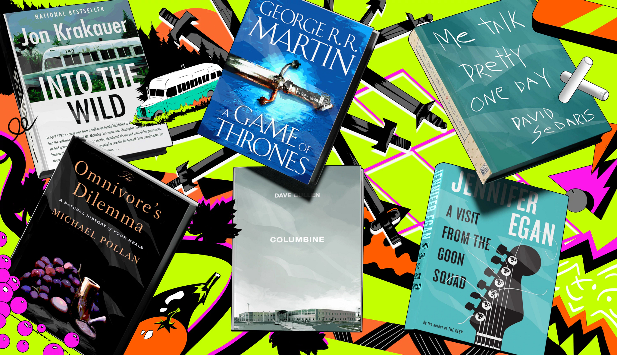 various books grouped together with graphics that illustrate what the books are about