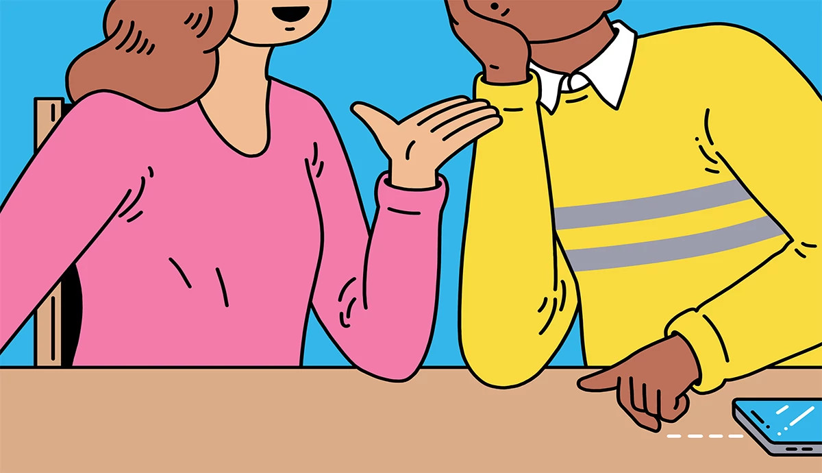 an illustration shows a woman and a man sitting at a table talking. The man is pushing aside his phone