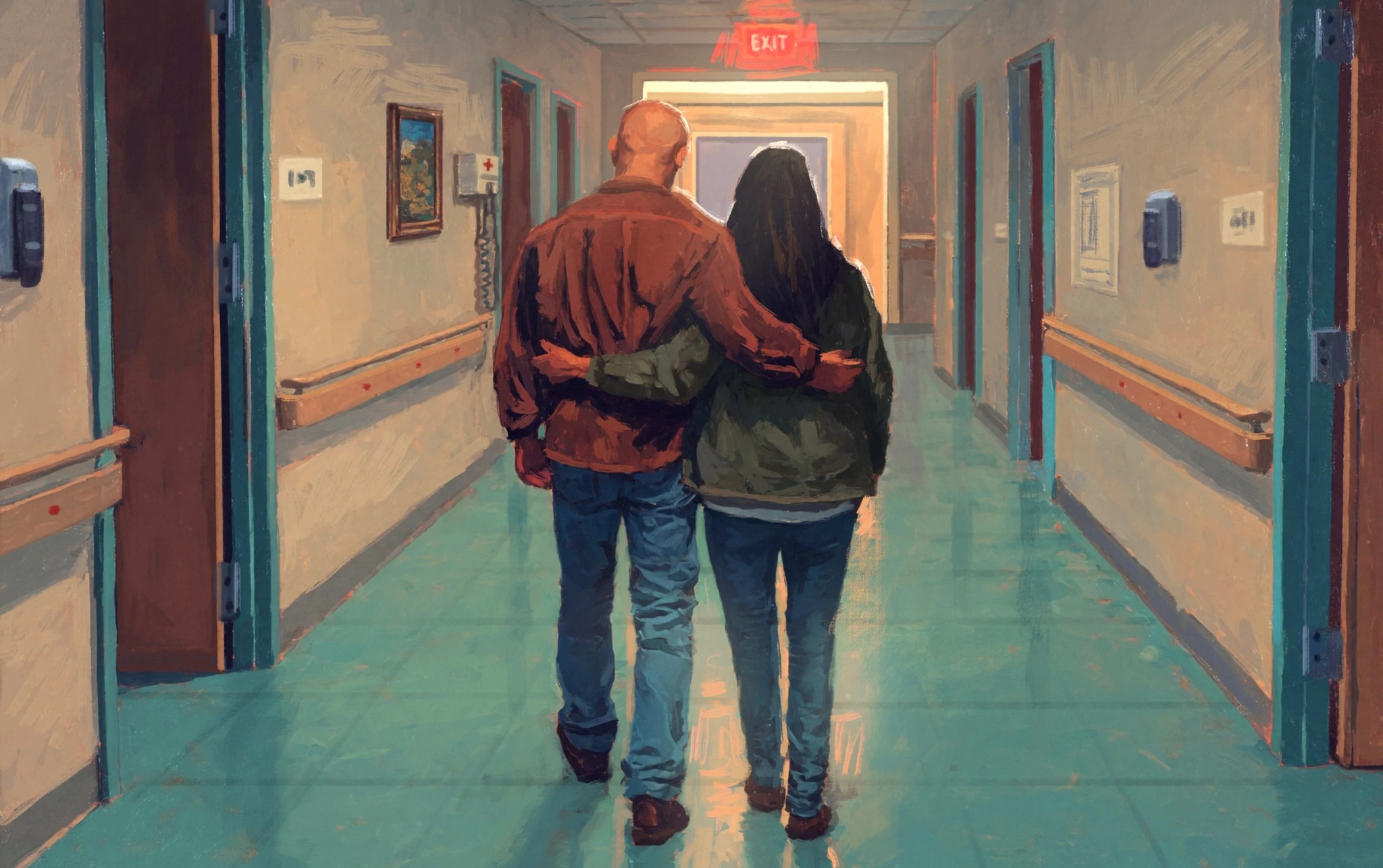 a drawing of two people walking down a hallway