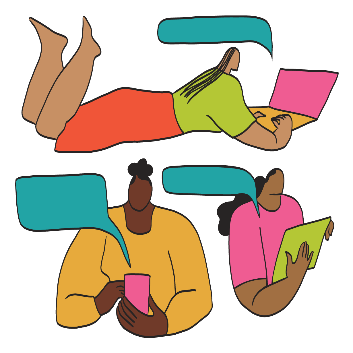 Illustrated graphic showing three women using digital devices, including a laptop, tablet, and smartphone, with speech bubbles representing online conversations and digital connection