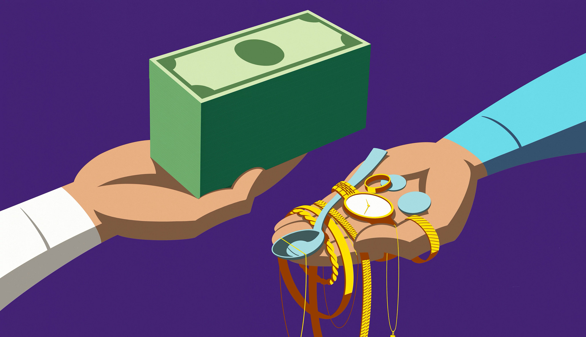 one hand holds out a stack of cash, next to a hand holding out gold jewlery