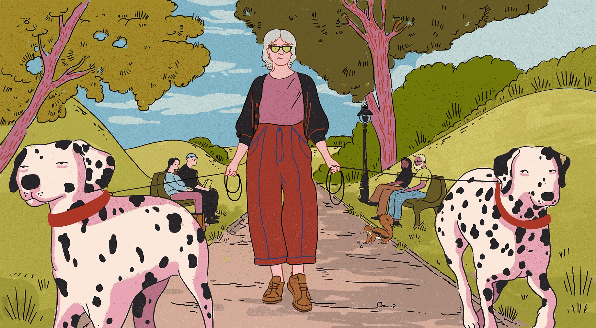 gif illustration of woman walking her dogs wearing stretchy pants