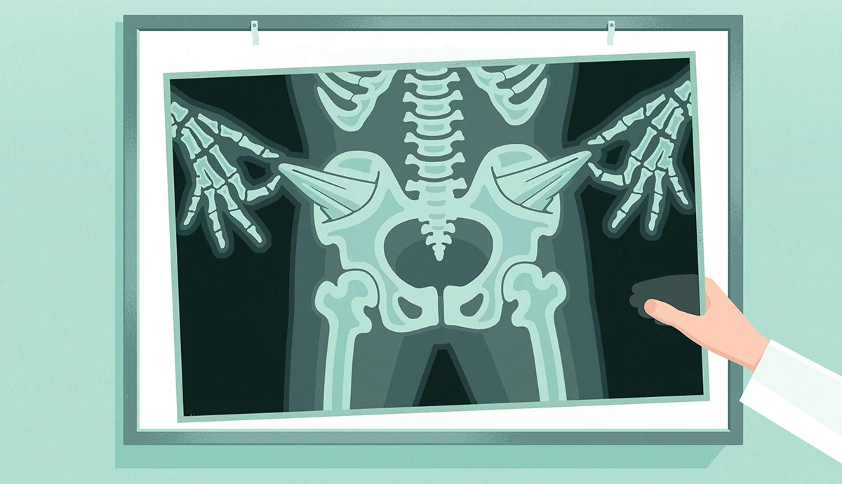 Illustration of a skeleton X-ray showing turned-out, empty pockets on the hip bones.