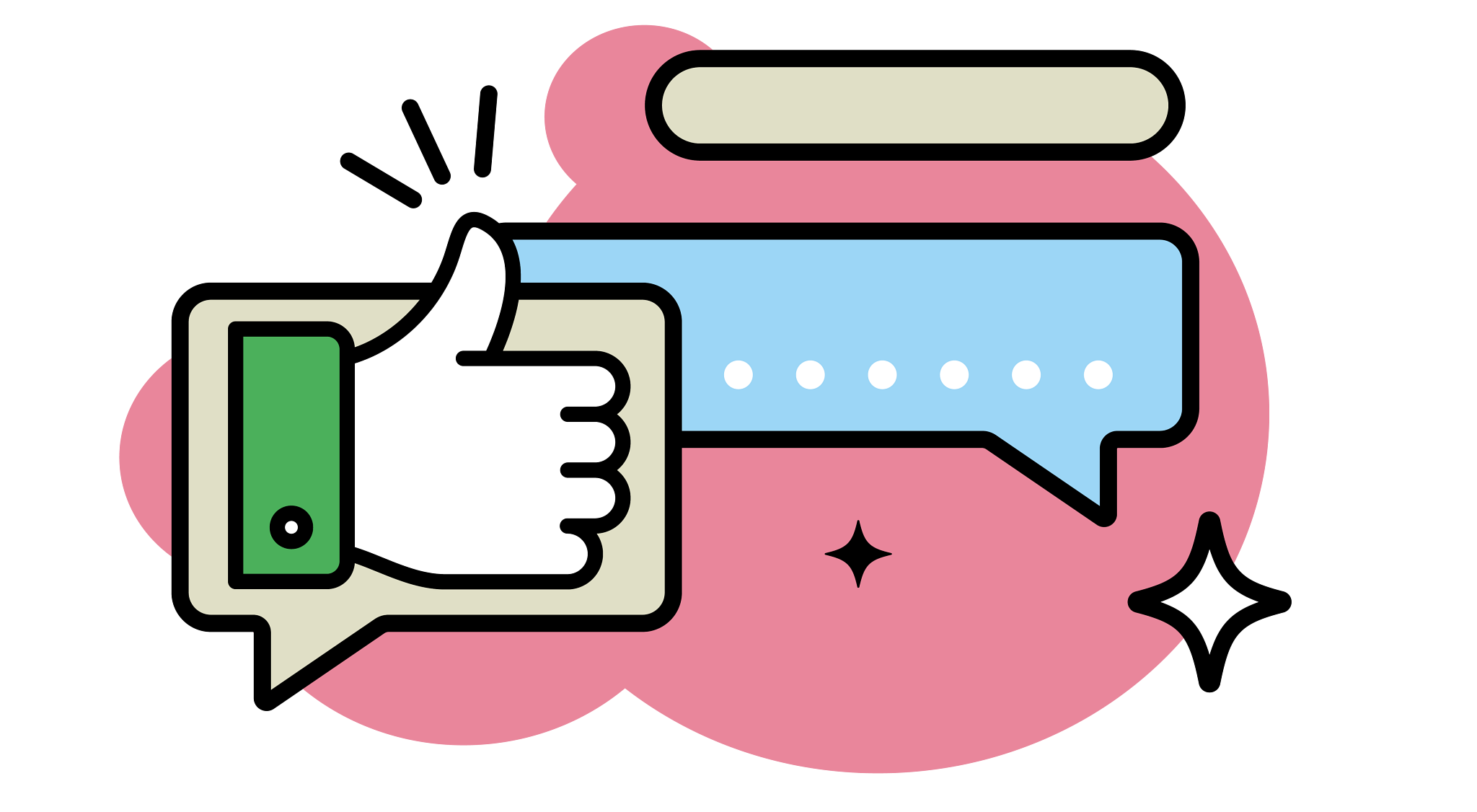 Icon showing a thumbs-up inside a speech bubble with another bubble containing ellipsis and decorative stars.