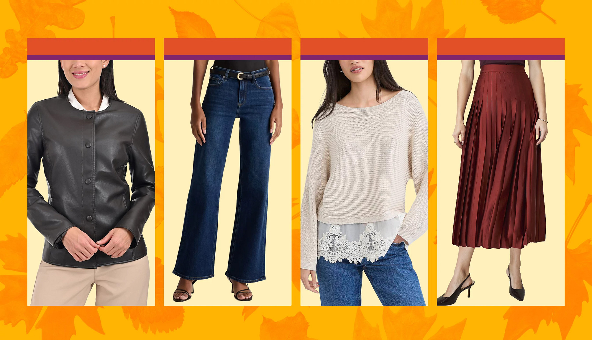 a collage with models wearing a slim black leather jacket, a pair of wide leg jeans, a white sweater with lace detail and a pleated maroon midi skirt