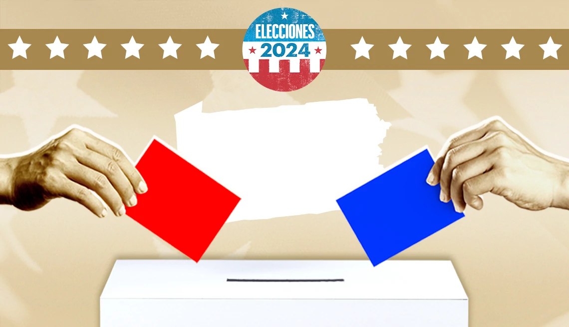 dos manos colocan una boleta roja y azul en las urnas de votación