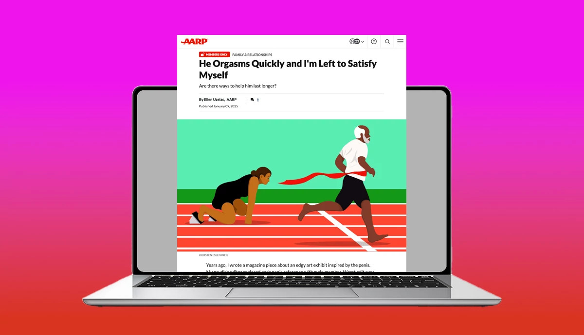 a graphic illustration shows an open laptop computer. the web page for an in the mood column on premature ejaculation is emerging from the screen