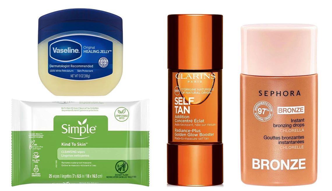 Easy Fixes for Self-Tanner Mistakes petroleum jelly, cleansing wipes and face tanning products