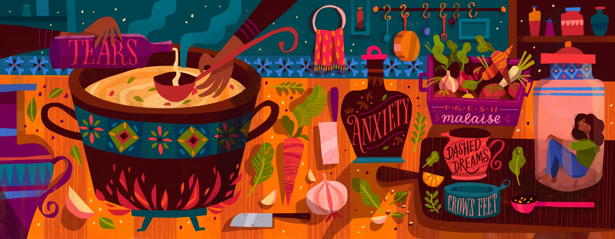 illustration of lady cooking a midlife crisis recipe